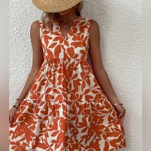 Allover Plant Print Notch Neck Ruffle Hem Dress